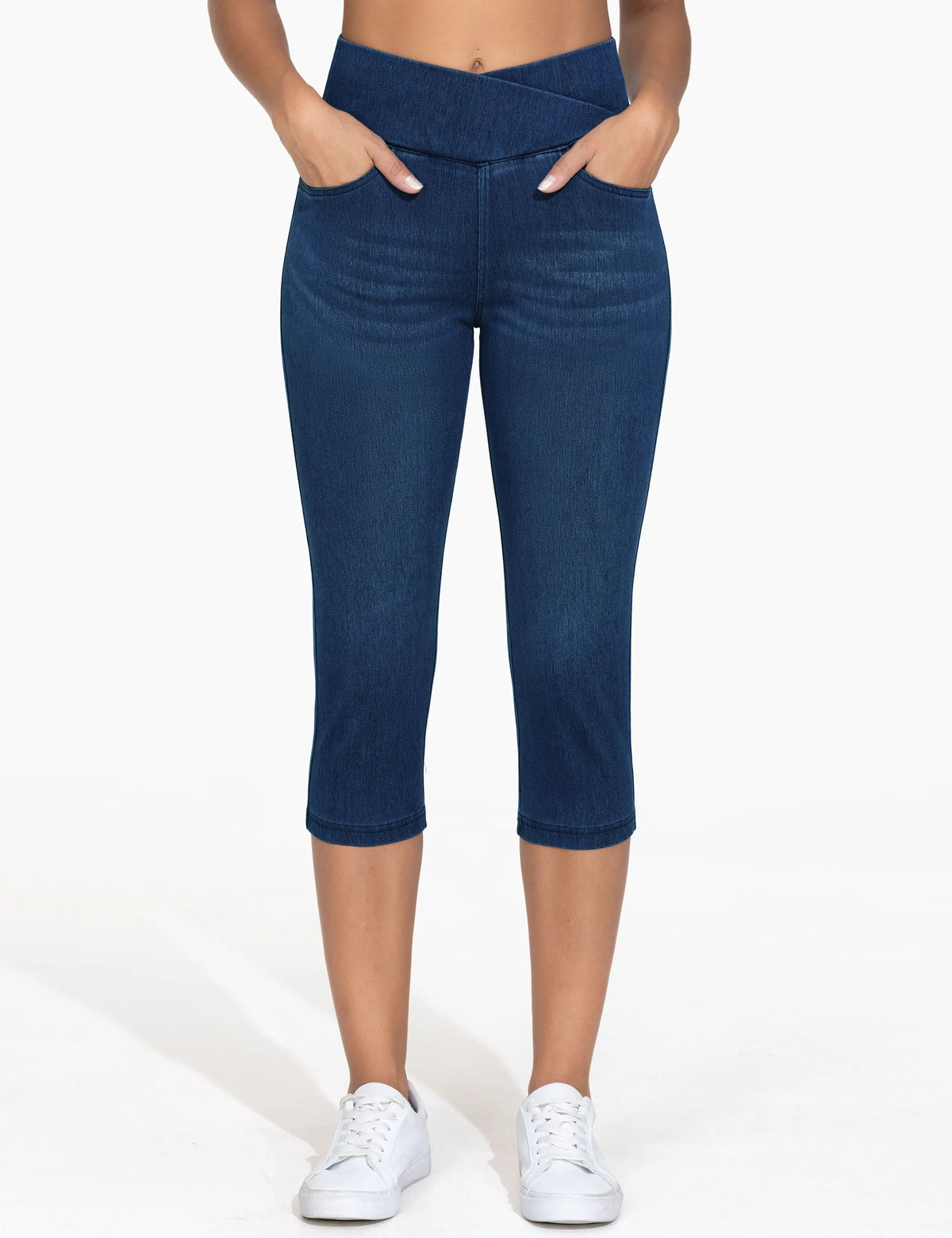 THE GYM PEOPLE Women's Cross Waisted Stretchy Capri Denim Jeggings Tummy Control Skinny Jean Leggings with Pockets