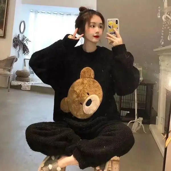 Fleece Thick Warm Women's Pajamas Set Winter Sleepwear Casual Solid Top and Plaid Pants Soft Pijamas Set for Women Home Suit