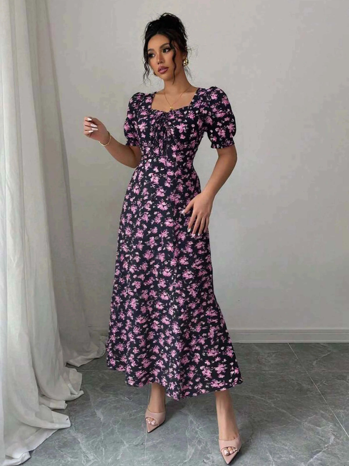 Women's Summer Maxi Dress Elegant Casual Puff Sleeve Square Neck Black Floral Print Long Evening Gown for Women