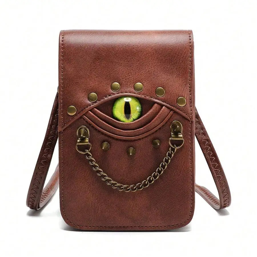 1pcs Retro Rivet Crossbody Bag, Mini Waist Pack For Women, PU Leather, Unique Eye Design Belt Mobile Phone Bag