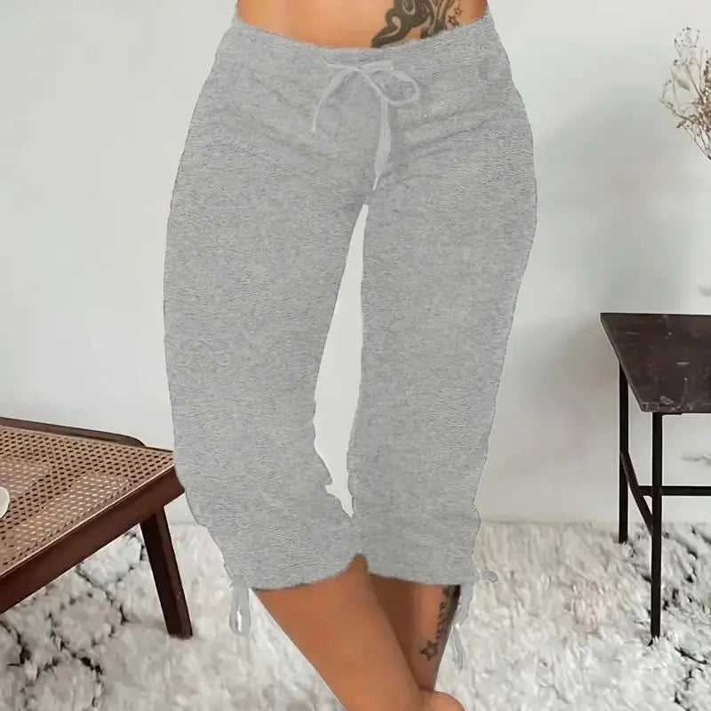 Plus size spring/summer/autumn stretch seven point jogging pants for women, with drawstring at the waist - fashionable pure blac