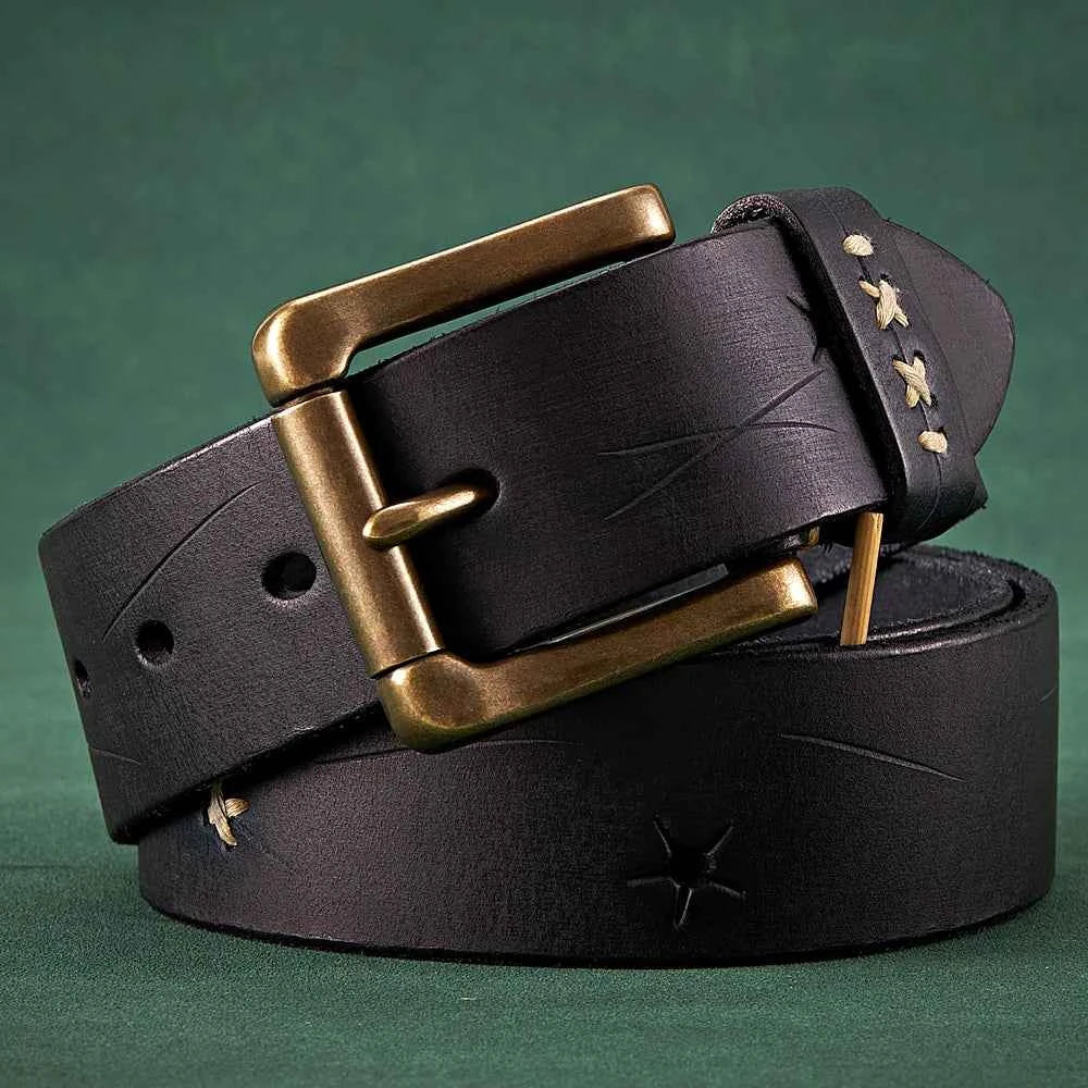 3.8CM Men High Quality Genuine Leather Belt Luxury Designer Brass Pin Buckle Belts Pure Cowskin Vintage Strap Male Jeans for Man