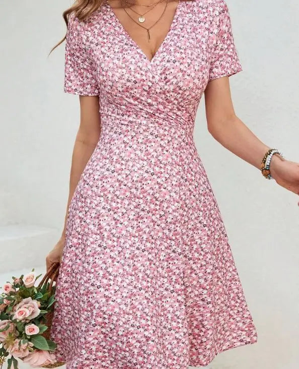 Floral Print Mini Dress Short Sleeve Midi Skirt Women's Fashion Spring Summer V Neck Polyester Fiber Regular Waistline Dress