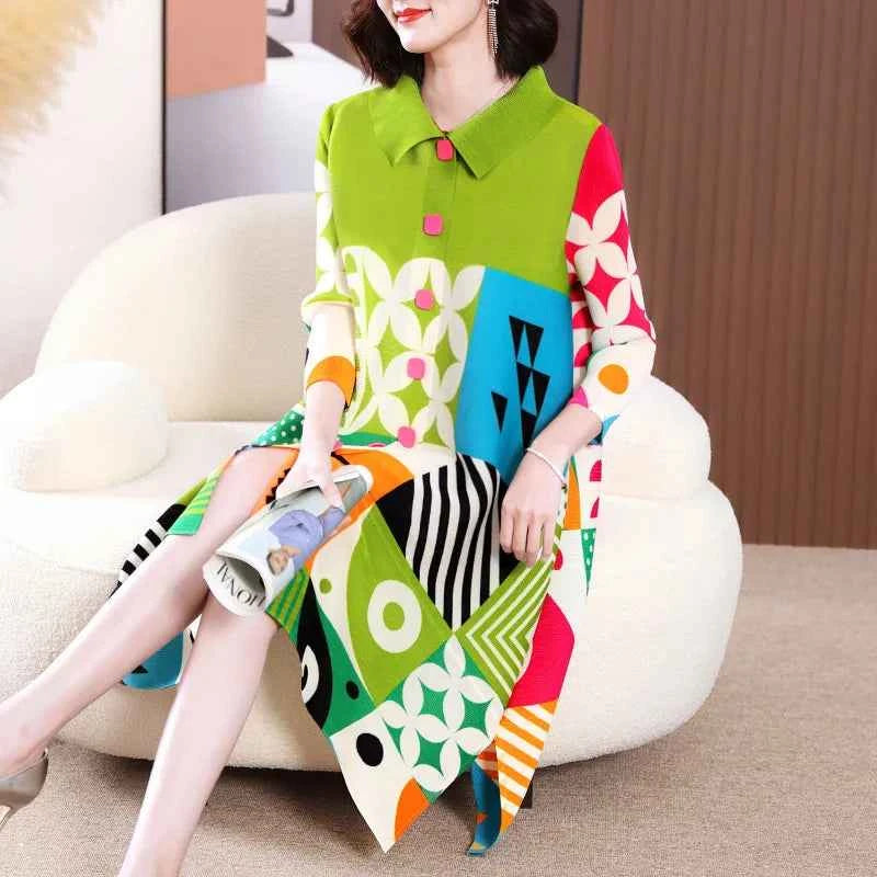 Miyake Pleated Dress Women 2024 Spring New High-End Design Sense Printing Lapel 3/4 Sleeve Single-breasted Fashion Shirt Dresses