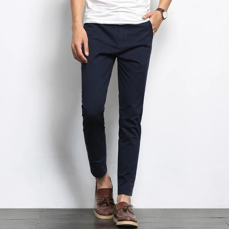 BROWON Summer Men Fashions Solid Color Casual Pants Men Straight Slight Elastic Ankle-Length High Quality Formal Trousers Men