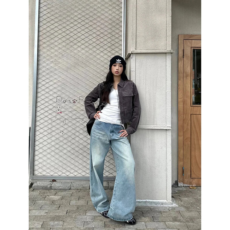 YIBASHU Women Baggy Jean American Retro Denim Blue Pants Y2k Design High Street Wide Fit Cowboy Japanese Harajuku Long Trousers