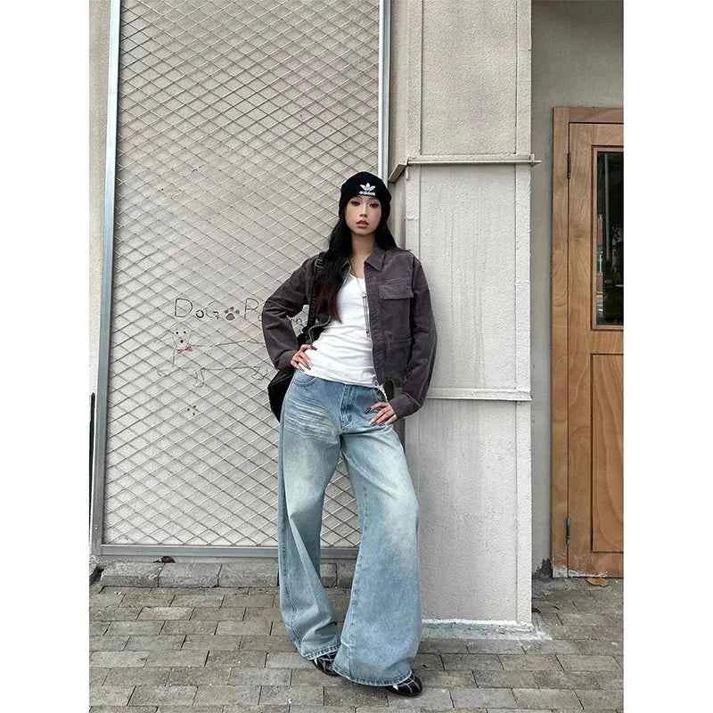 YIBASHU Women Baggy Jean American Retro Denim Blue Pants Y2k Design High Street Wide Fit Cowboy Japanese Harajuku Long Trousers