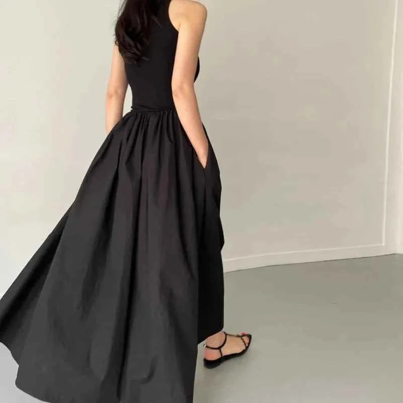 New Summer Simple Elegant Black Long Dresses For Women Round Neck Sleeveless High Waist Temperament Female Fashion Style Dress