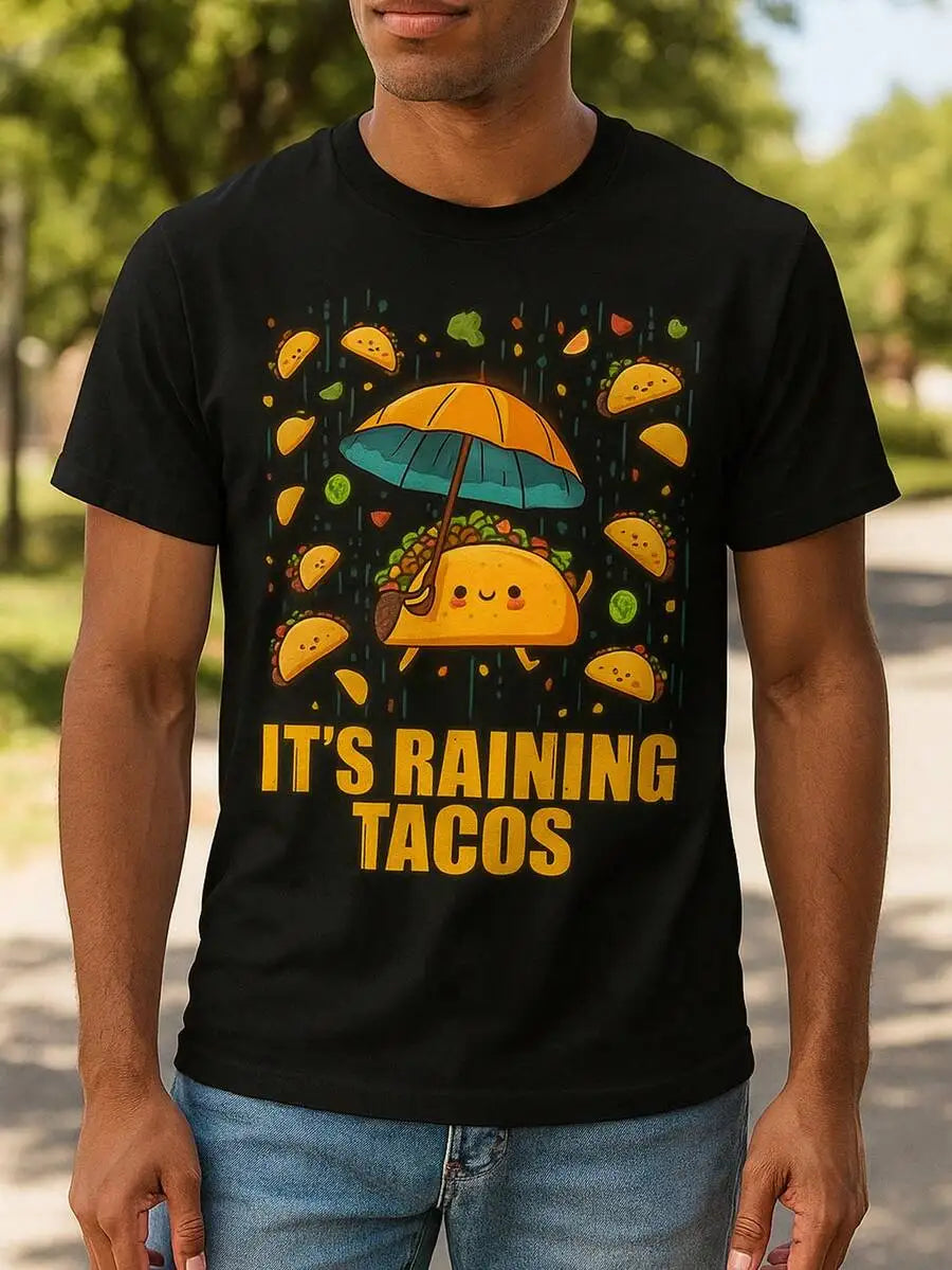 Its Raining Tacos Cartoon Print Mens 100% Cotton Crew Neck Short Sleeve T-Shirt
