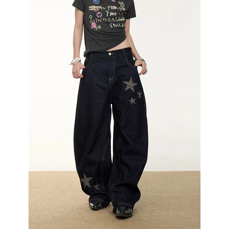 YIBASHU Women Vintage Baggy Black Star Jeans High Waist Denim Trousers 2000s Y2k Harajuku Aesthetic Wide Pants Trashy Clothes