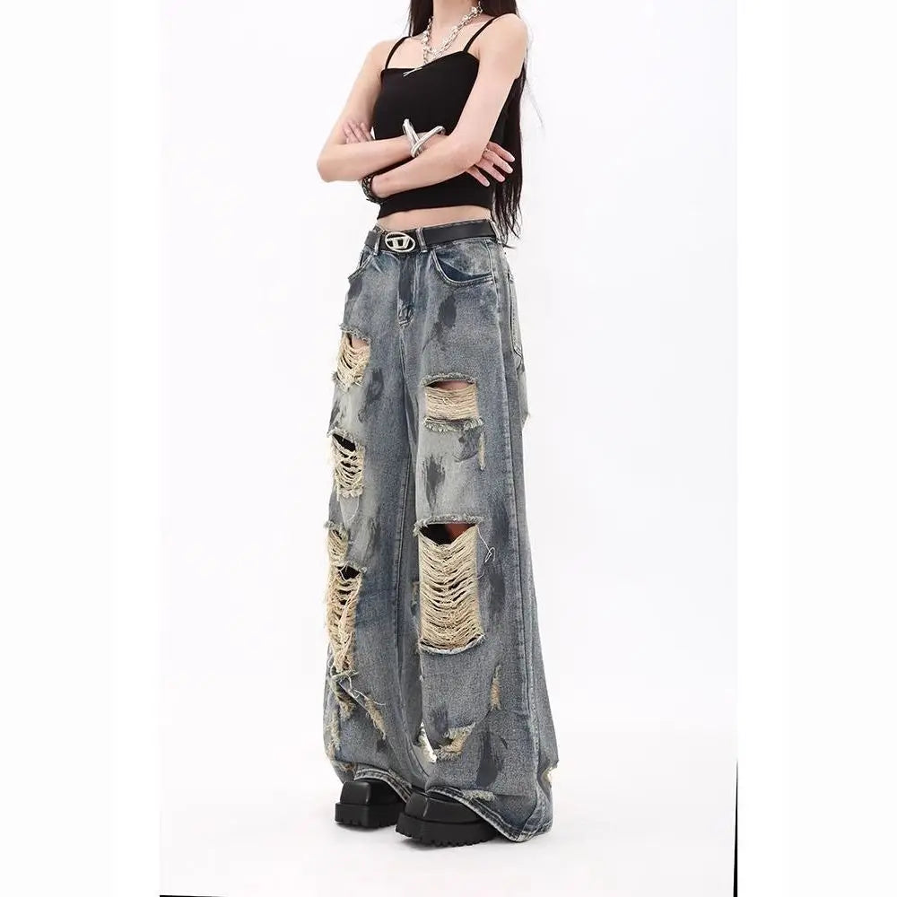 Oversize Blue Ripped Old Hot Girl Y2k American Retro High Waist Fashion Men And Women Hip Hop Straight Loose Wide Legs Jeans