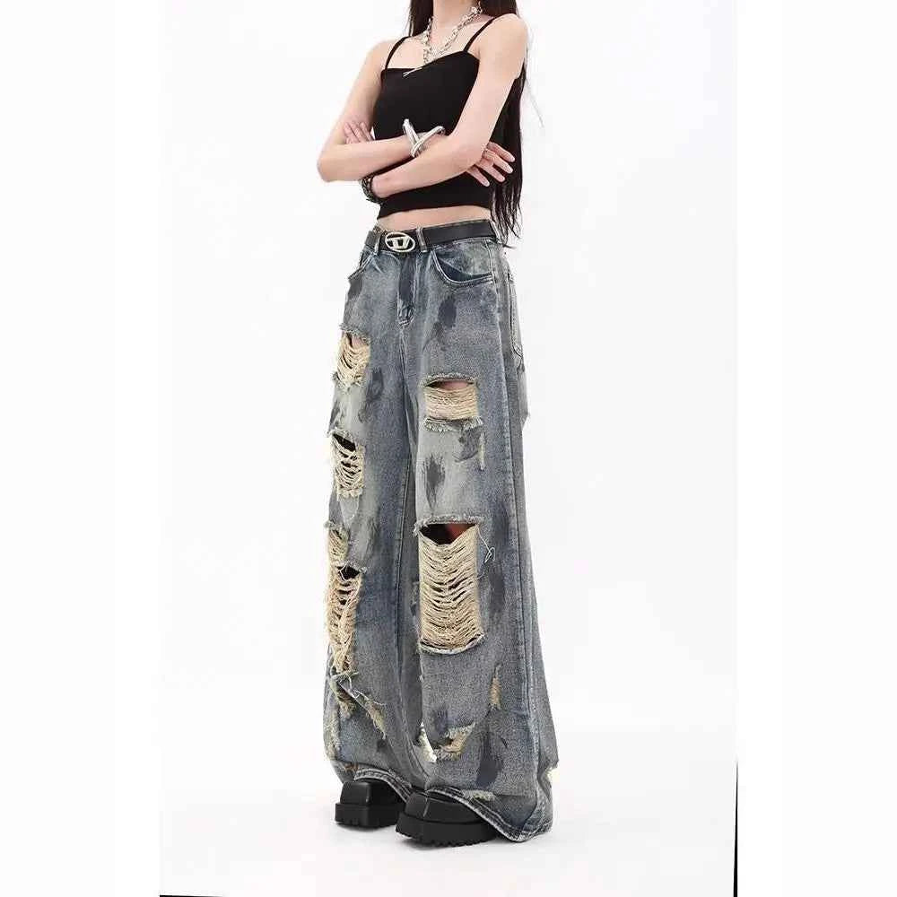 Oversize Blue Ripped Old Hot Girl Y2k American Retro High Waist Fashion Men And Women Hip Hop Straight Loose Wide Legs Jeans