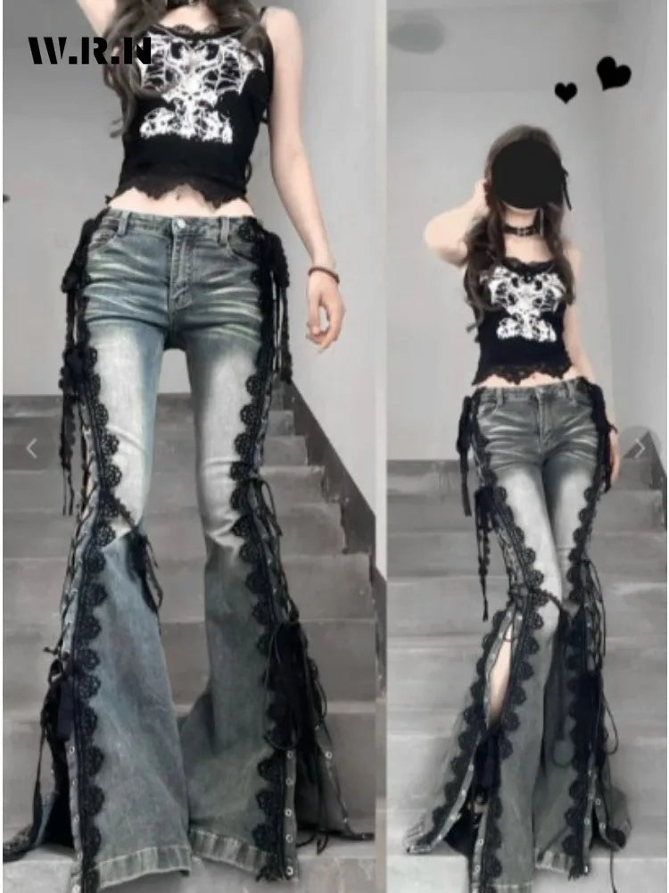 Retro Eyelets Lace Up Flare Jeans Stitch Lace Whiskers Slim Low Rise Split Bootcut Pants Women Bell Bottoms Streetwear