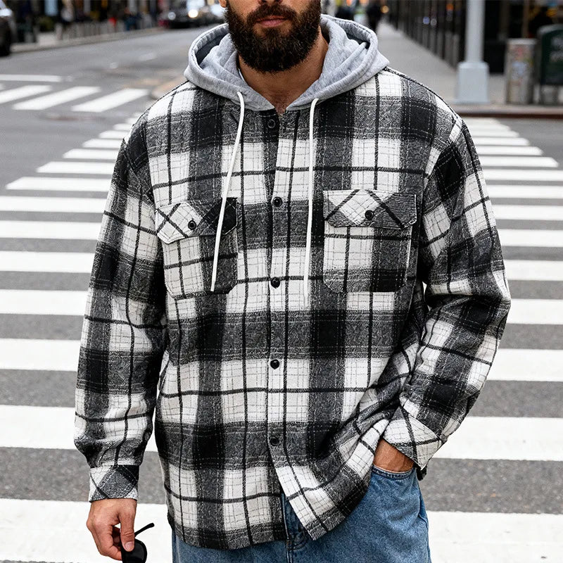 Men's Plaid Flannel Shirt Jacket Detachable Hooded Button-Down Shacket for Casual Wear