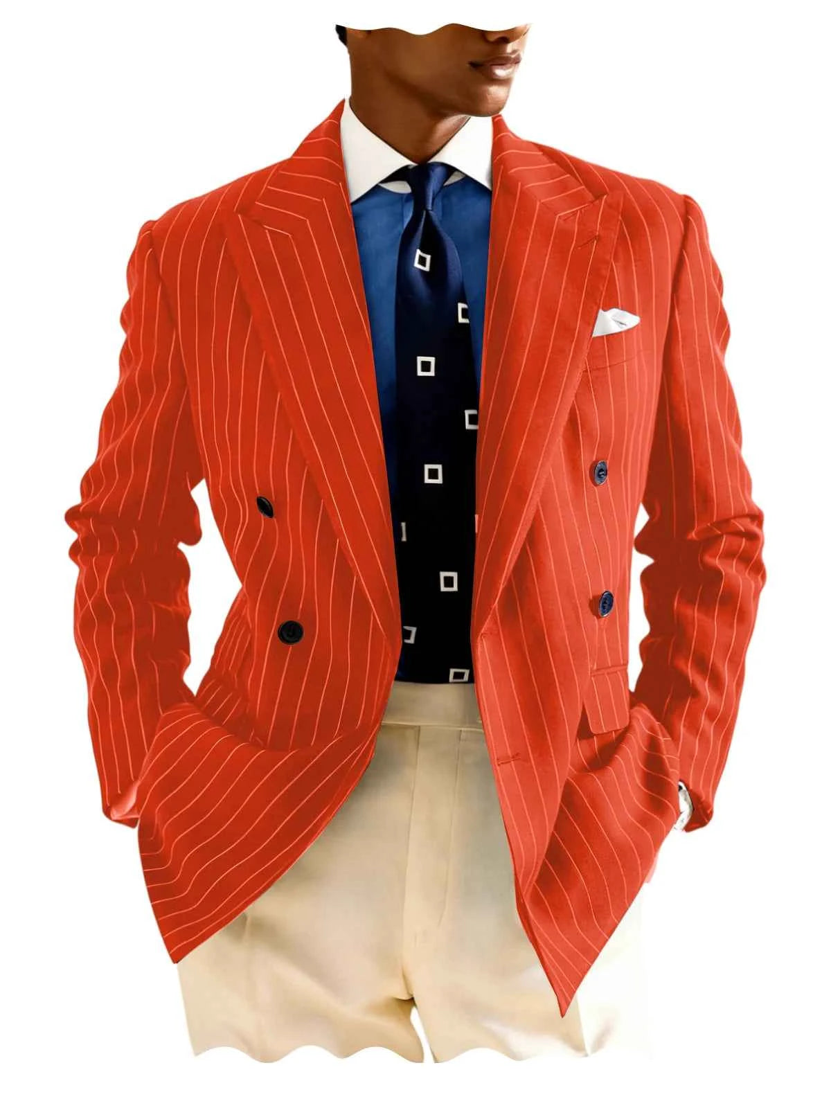 Men's Pinstripe Double Breasted Blazer Classic Peak Lapel Slim Fit Striped Suit Jacket For Party Prom Business Formal Coats