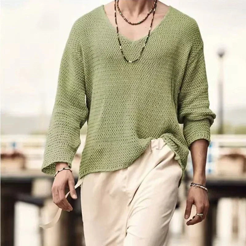Men's Loose Long Sleeve Casual Hollow Knitted Sweater 2025 Fashion Versatile Outer Shirt Casual Top