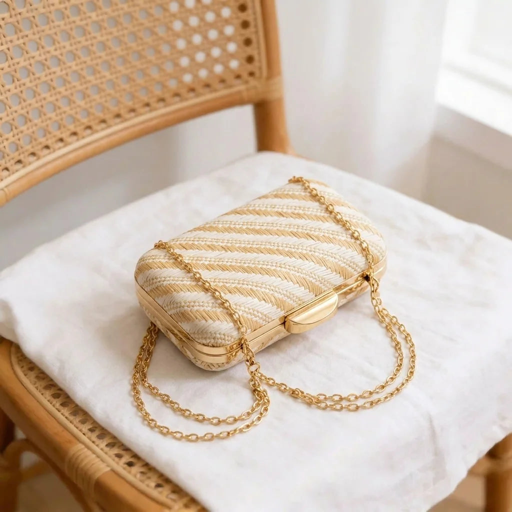Women Striped Straw Cotton Woven Hard Clutch Bag, Bohemian Box Evening Purse for Wedding Beach Party Banquet