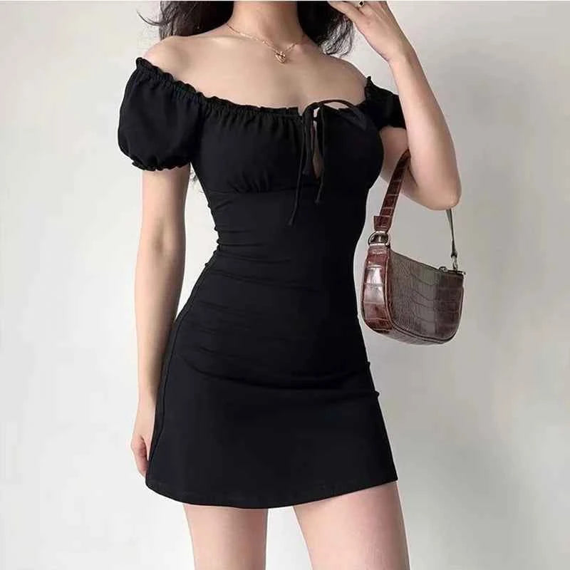 Summer Sexy Mini Dress Women Short Sleeved Lace up Hollow Casual Backless Folds Bodycon Black Dress Party Elegant A-LINE Dresses