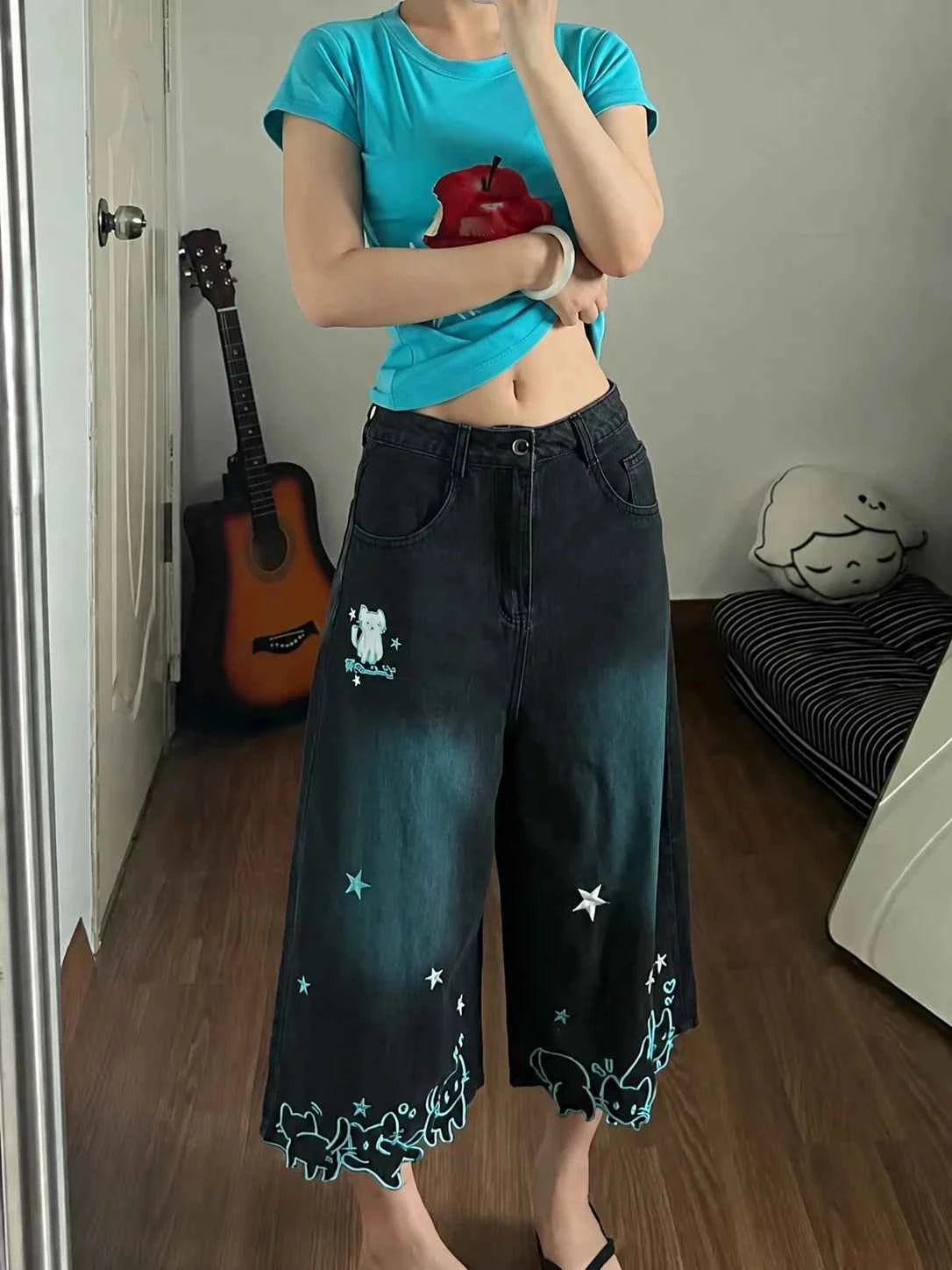 Summer Womens Oversized Jeans Elastic High Waist Cartoon Cat Embroidery Capri Pants Woman Denim Pants Wide Leg Girl Cute Jean