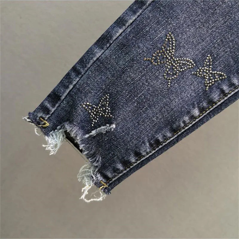 Spring Summer 2025 New Fashion Denim Pants Female Korean Version Elastic Rhinestones High Waist Jeans Pencil Pants