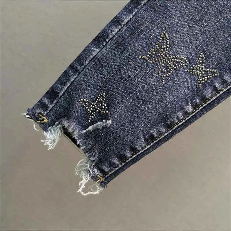 Spring Summer 2025 New Fashion Denim Pants Female Korean Version Elastic Rhinestones High Waist Jeans Pencil Pants