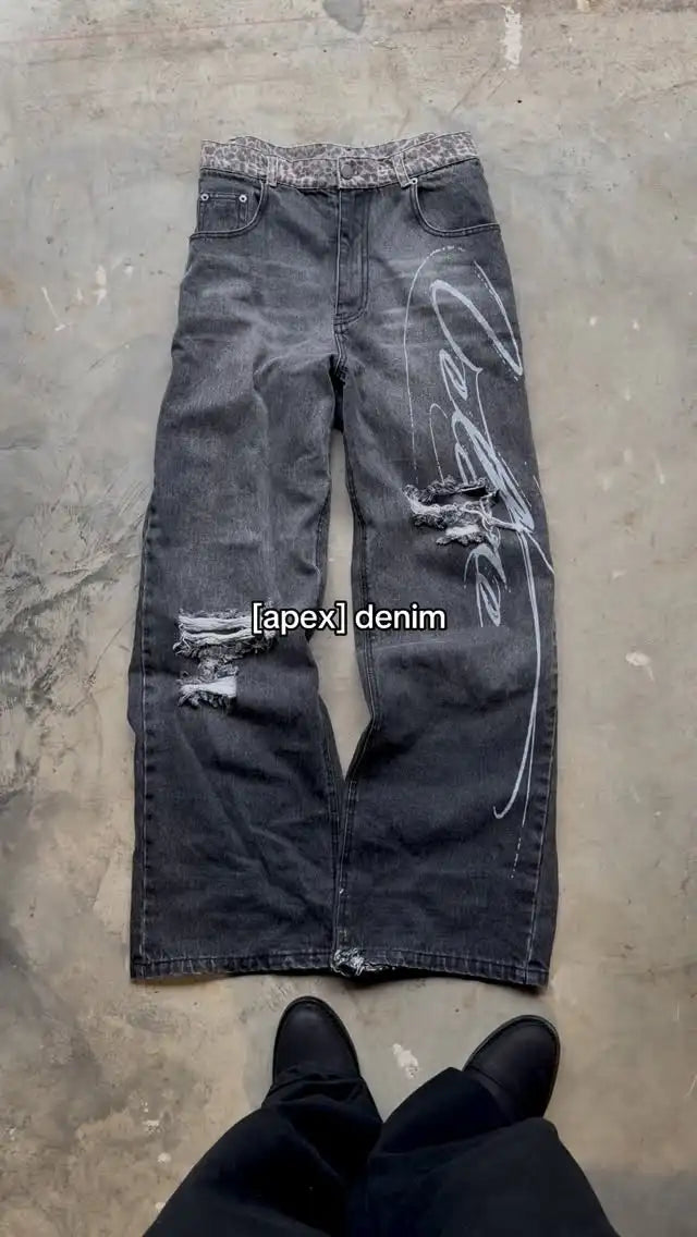 Y2K Jeans Mujer High Waist Wide Leg Leopard Print Hem Jeans 2000s American Casual Harajuku Retro Womens Clothing baggy jeans