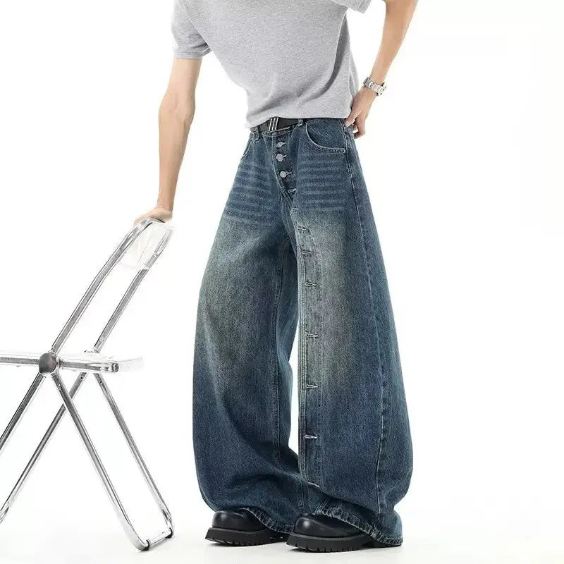 QICHE Men American Vintage Irregular Deconstructed Curved Jeans Loose Wide Leg Designer Casual Trousers