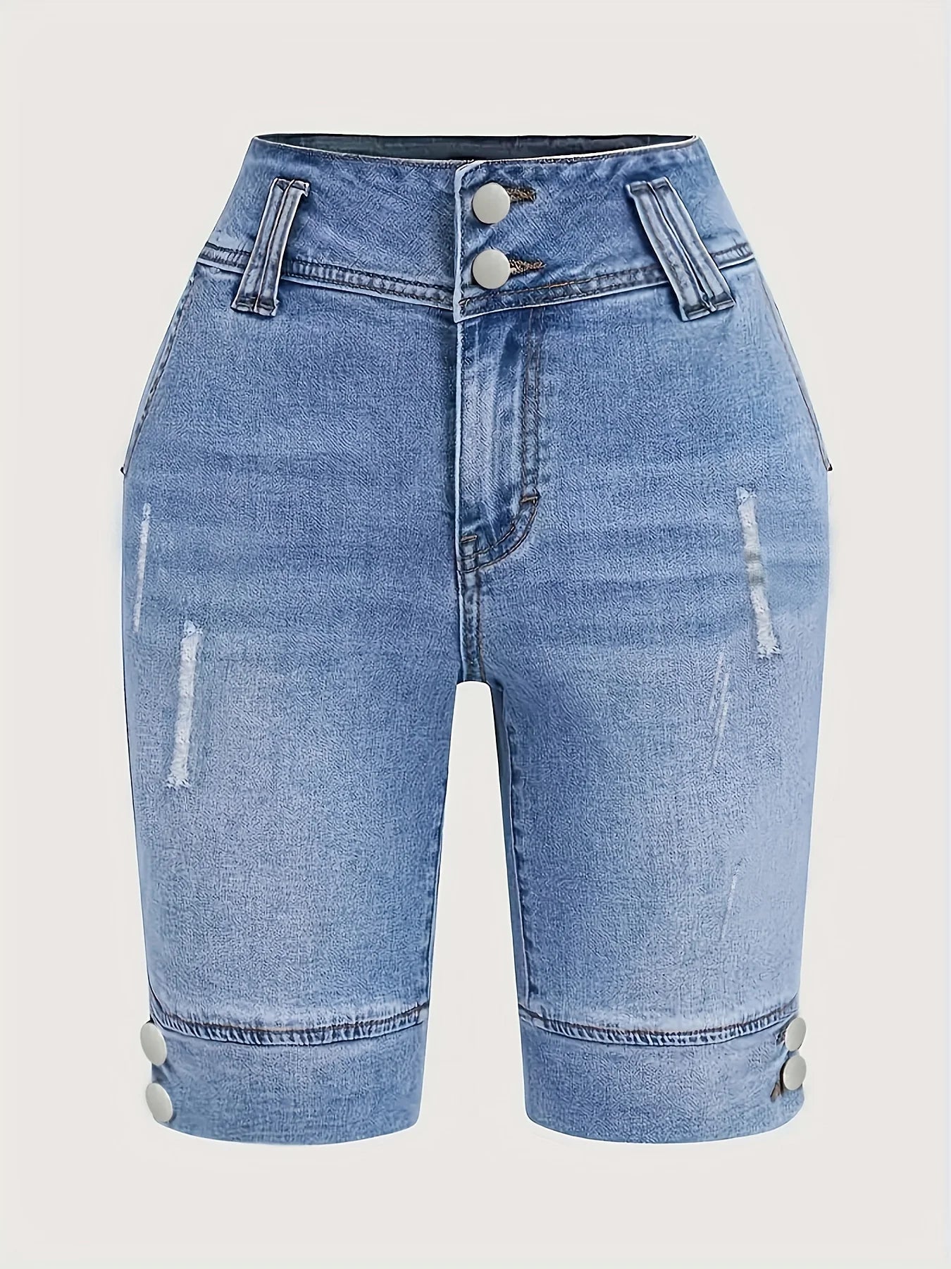 Ladies' Blue Double-Buckle Waist Slim Fit Jeans