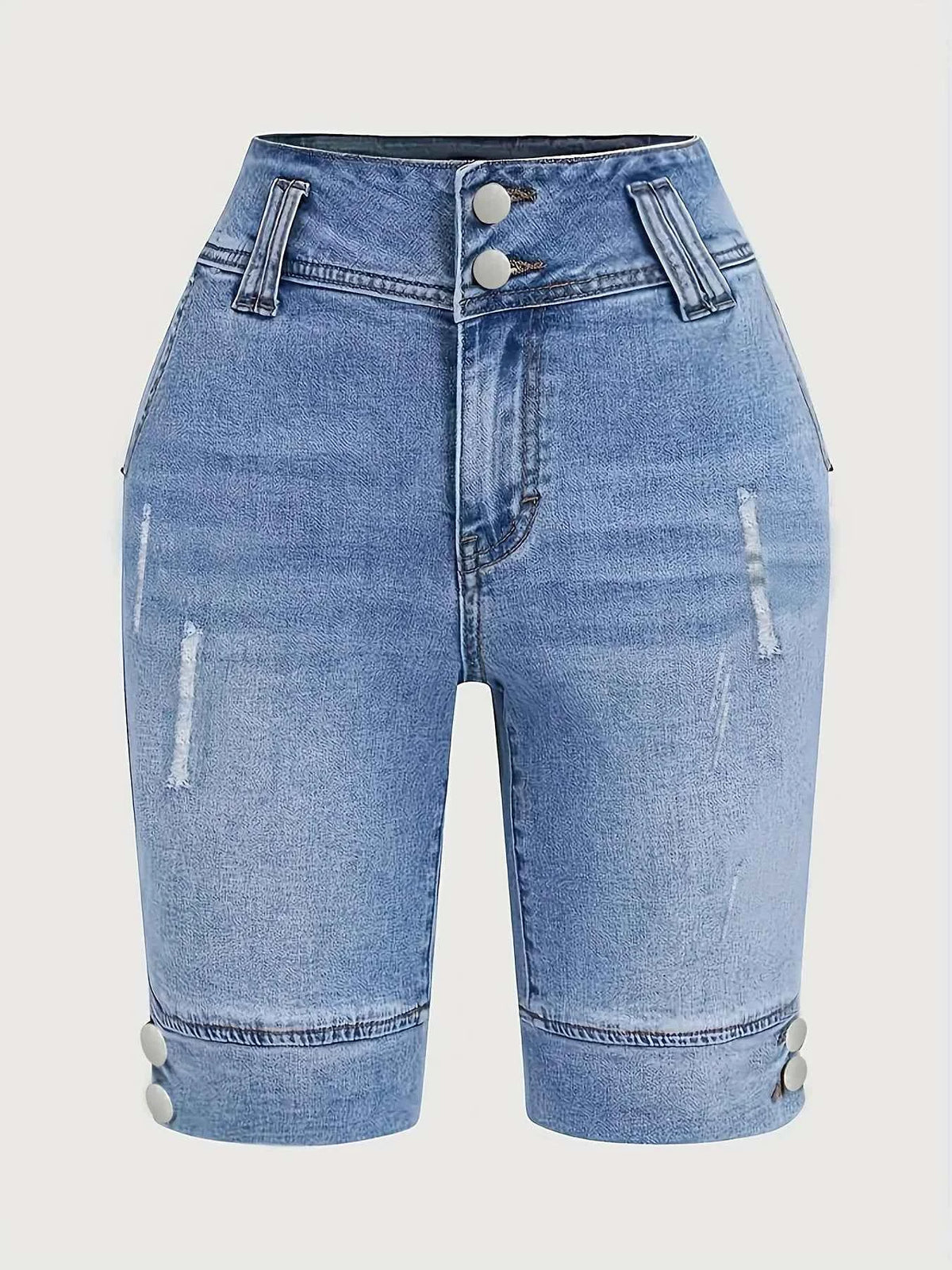 Ladies' Blue Double-Buckle Waist Slim Fit Jeans