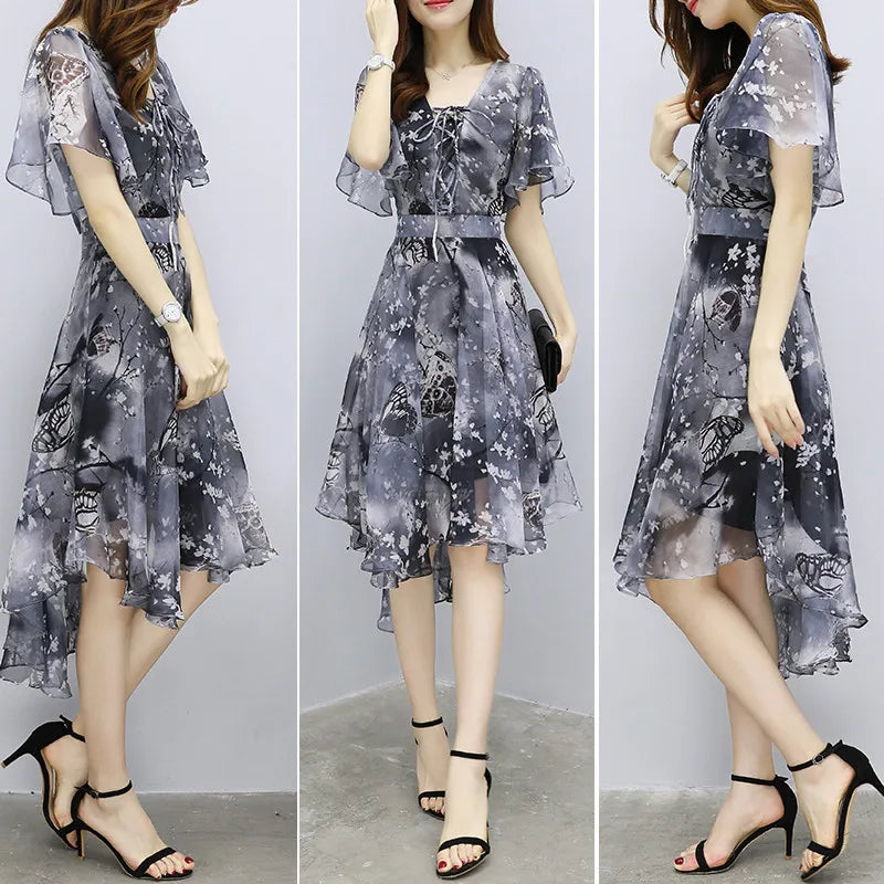 Women floral Chiffon Flower Dress 2026 trends new in Ladies Elegant V Neck short Sleeve korean style Summer Dress Female Clothes