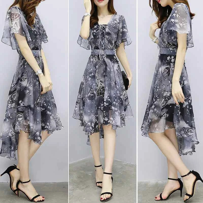 Women floral Chiffon Flower Dress 2026 trends new in Ladies Elegant V Neck short Sleeve korean style Summer Dress Female Clothes