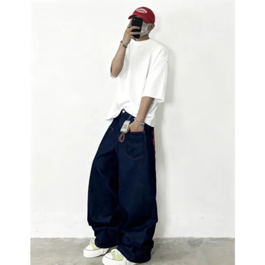 Mens Baggy Jeans Embroidery Pattern Denim Trousers Wide Leg Denim Pant Loose Fit Skater Jeans Streetwear Clothing