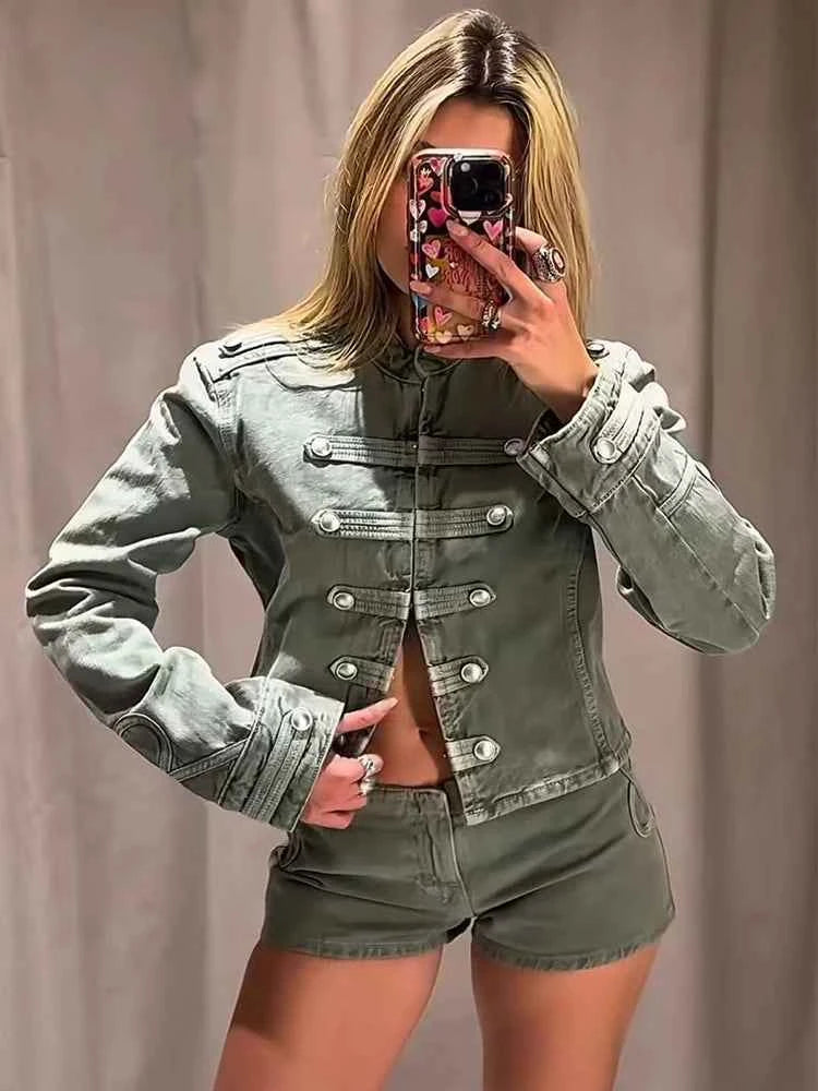 TFMLN Women Casual Denim Jacket Coat 2026 Spring Autumn Long Sleeve Stand Collar Short Coat Female Button Decor Crop Top