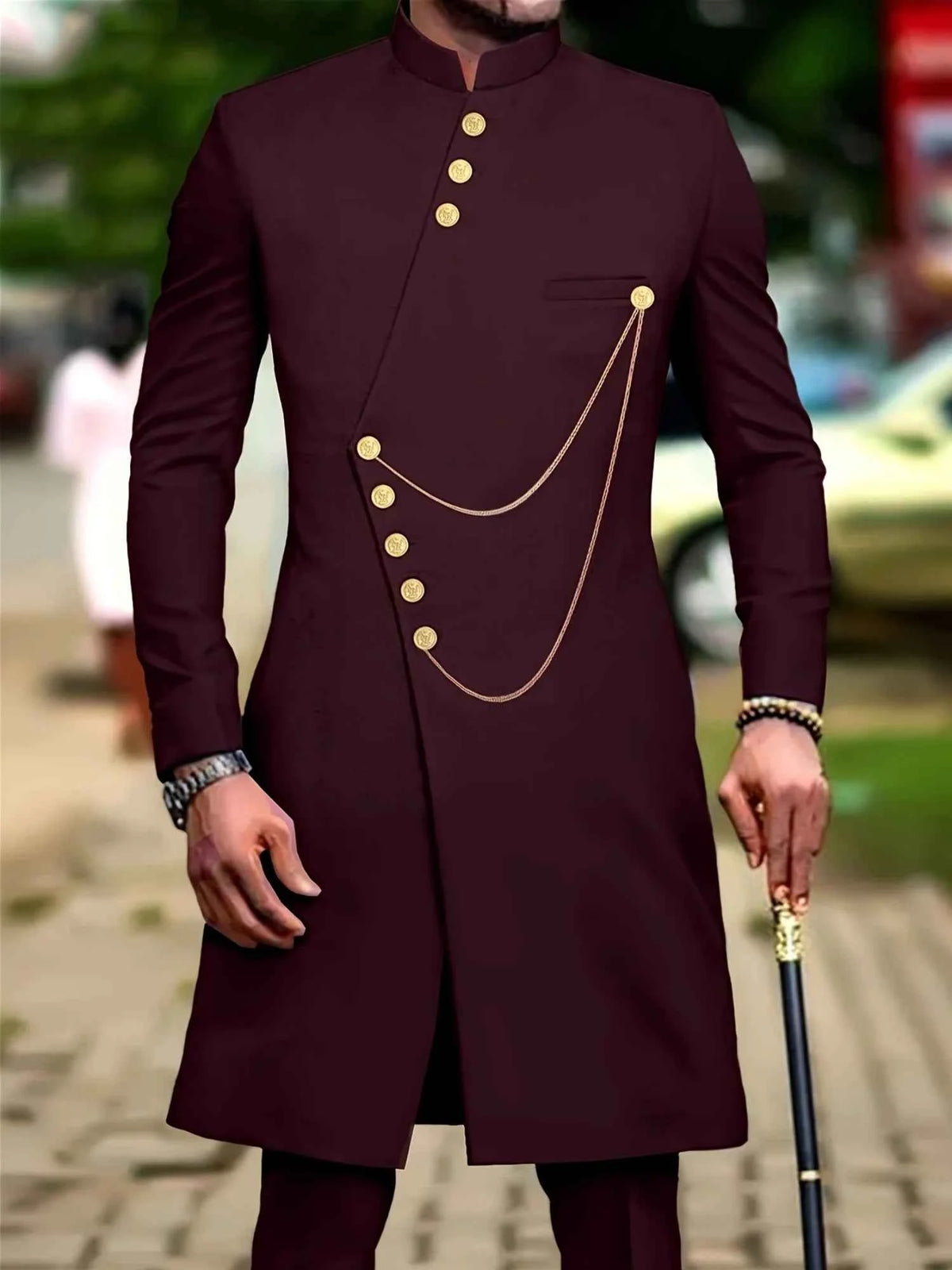 Men's casual two-piece suit set with long sleeves, mid-length jacket and trousers.