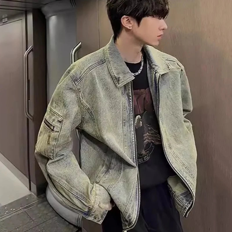 Men's Jeans Jacket Autumn Vintage Washed Casual Denim Jackets Versatile Fashion Korea Style Trendy High Street Outerwear Coat