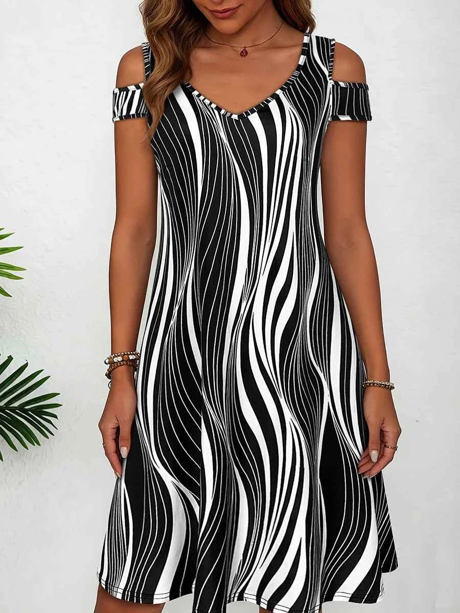 Women's Black White Wavy Stripe Print Cold Shoulder Midi Dress Summer Casual V Neck Short Sleeve A Line Flowy Sundress
