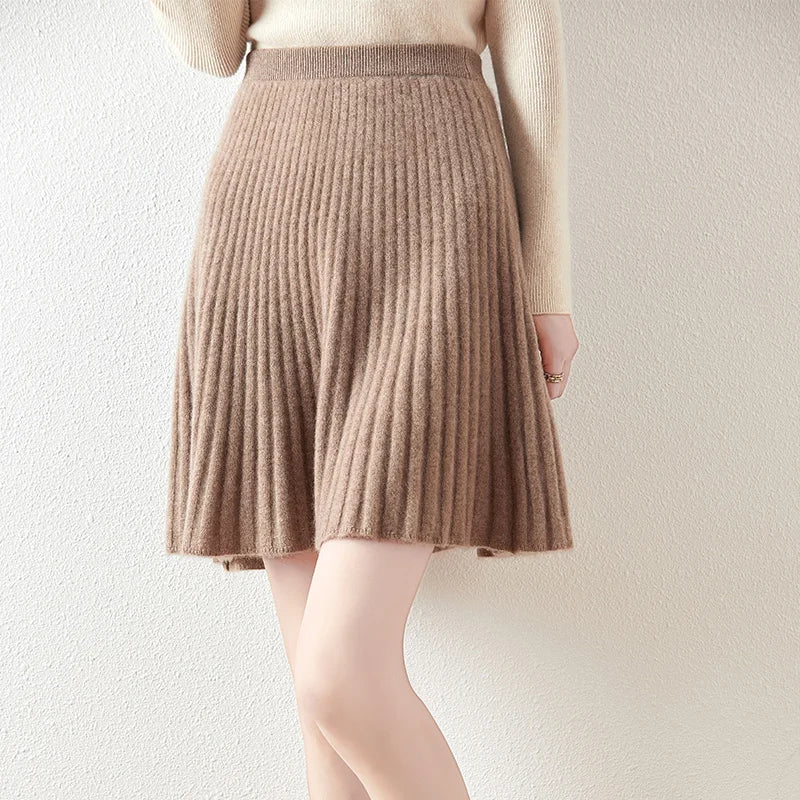Women's Wave Short Skirt 100% Merino Wool Mini Skirts Autumn Winter Sweater Umbrella Skirt High Waist Stretch Sweet Knit Dresses