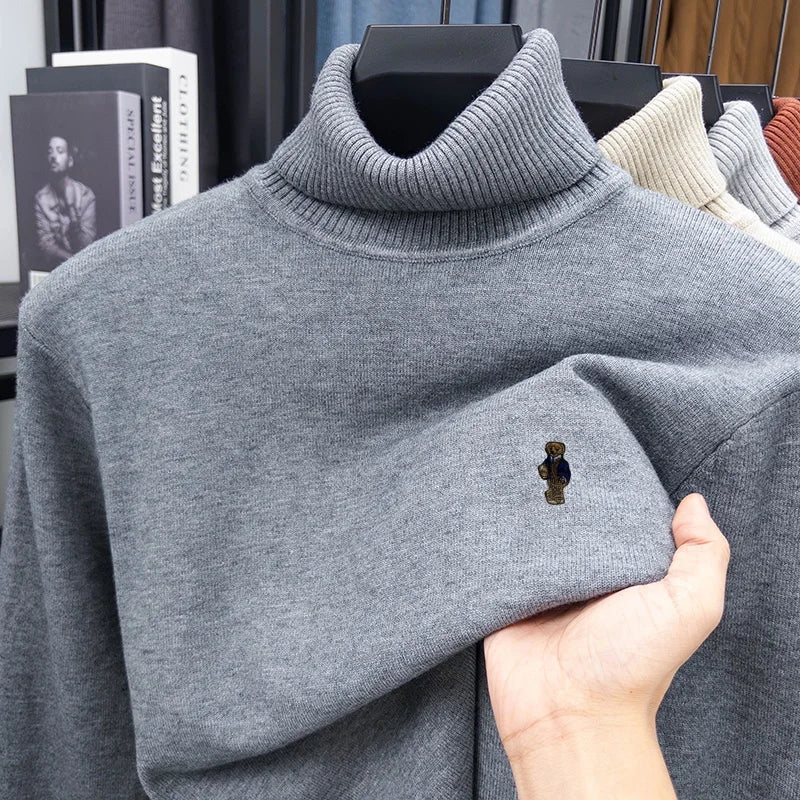 High-End Man Spring Long-Sleeved Knitwear Bear Print High Neck Hot Pullover Versatile Trend Leisure Warm Sweater Men's Clothing