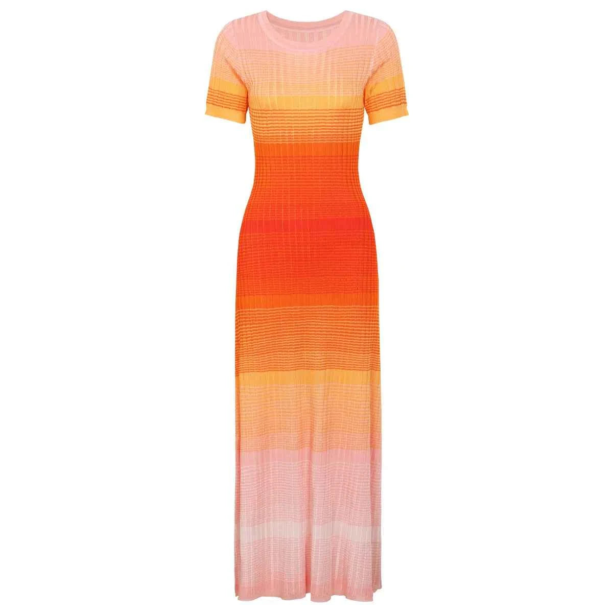 ZJYT Summer Women Fashion Long Knit Dress Gradient Color Short Sleeve Elegant Holiday Casual Dresses Blue Orange Vestidos Lady