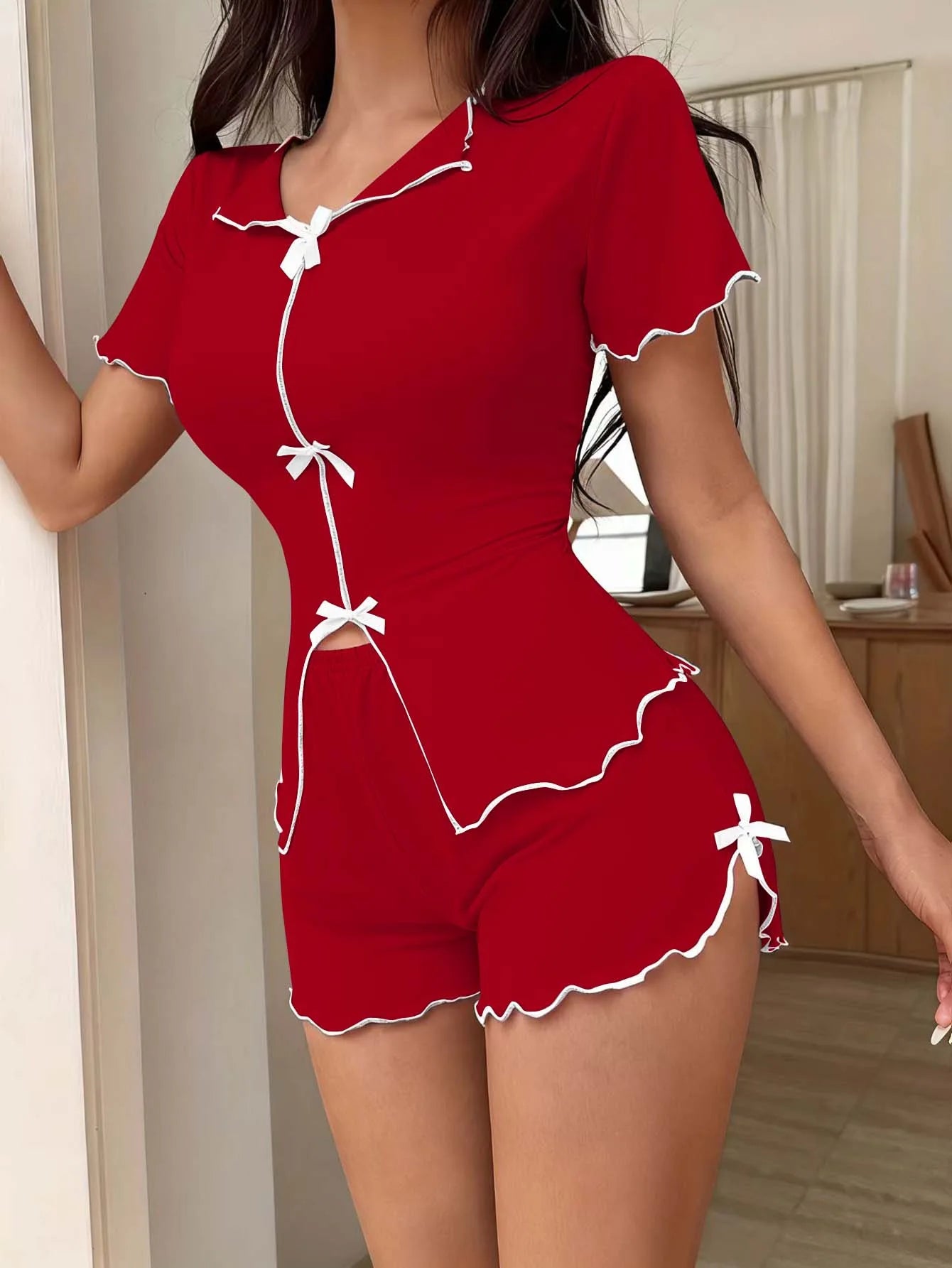 Women's Sweet Pajamas Set Bow Short Sleeve Top And Shorts Sleepwear 2 Piece Set For Women Summer Casual Elastic Homewear