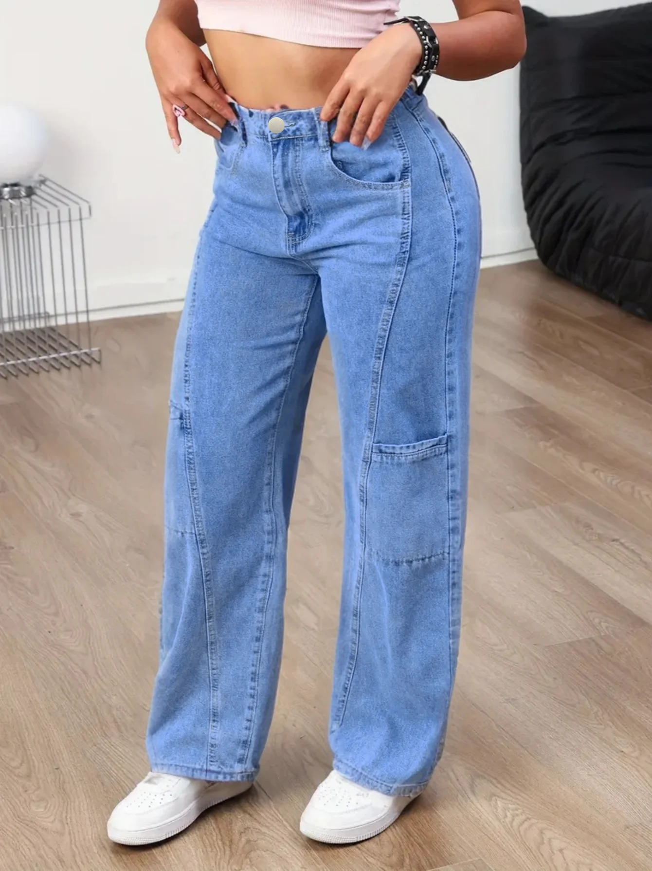 Women's Wide-Leg Casual Trousers Denim Stretch Multi-Pocket Long Pants Comfortable Fit Denim Jeans