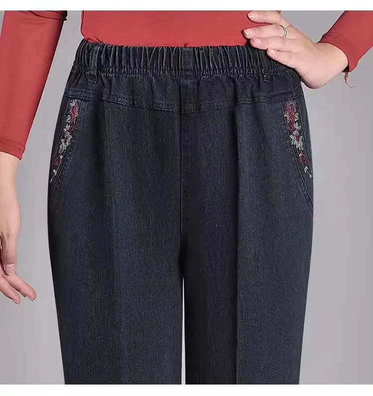 Middle aged mother Spring Autumn Embroidery Jeans Black Loose Elastic waist Stretch Straight Pants Casual Women Denim Trousers