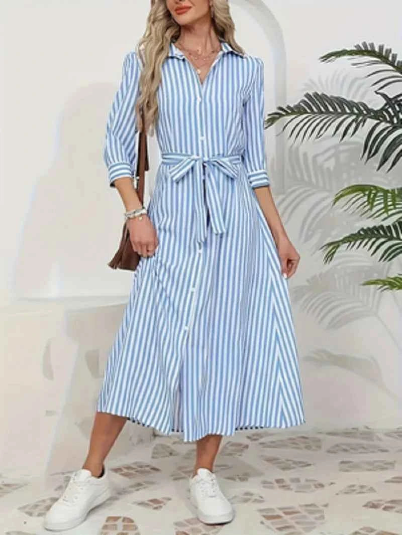 Women Blue White Vertical Striped Shirt Midi Dress 2026 New Turn Down Collar Button Front Belt Waist Tie Waist 3/4 Sleeve Split