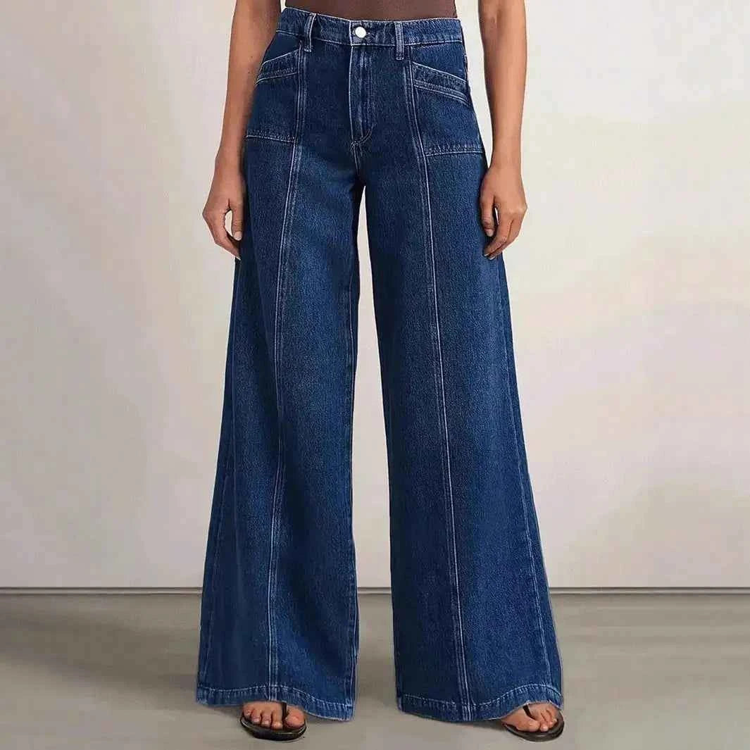 "Women’s Deep Blue Wide Leg Jeans - Stylish Denim Trousers for Comfort and Versatility