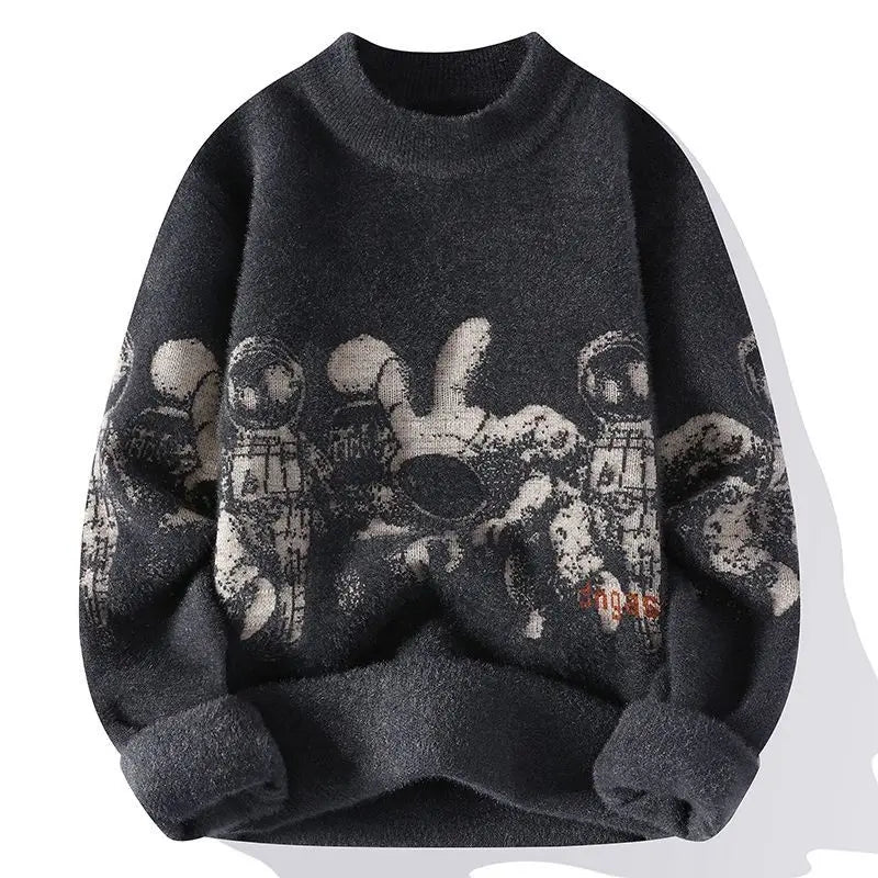 Men's Casual Plush printing Sweater Thickened Jacquard Vintage Streetwear Knitwear Pullover Loose Lazy Style Long Sleeve Sweater