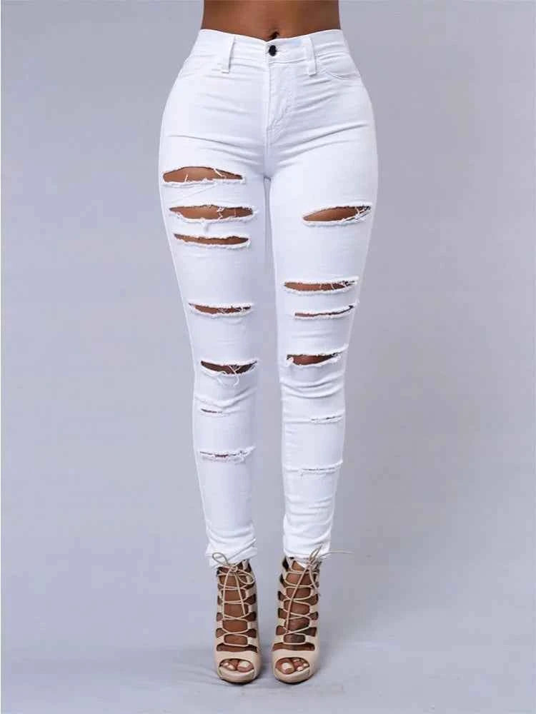 Fashionable Women's Versatile Solid Color Jeans European and American Holed Jeans Minimalist Slim Fit Pencil Pants