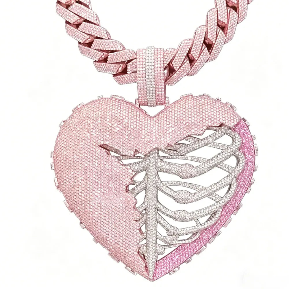 Iced Out Synthesis Zircon Broken Heart Skeleton Pendant, Two Tone Hip Hop Necklace, Men's Bling Gothic Jewelry for Gift Unique