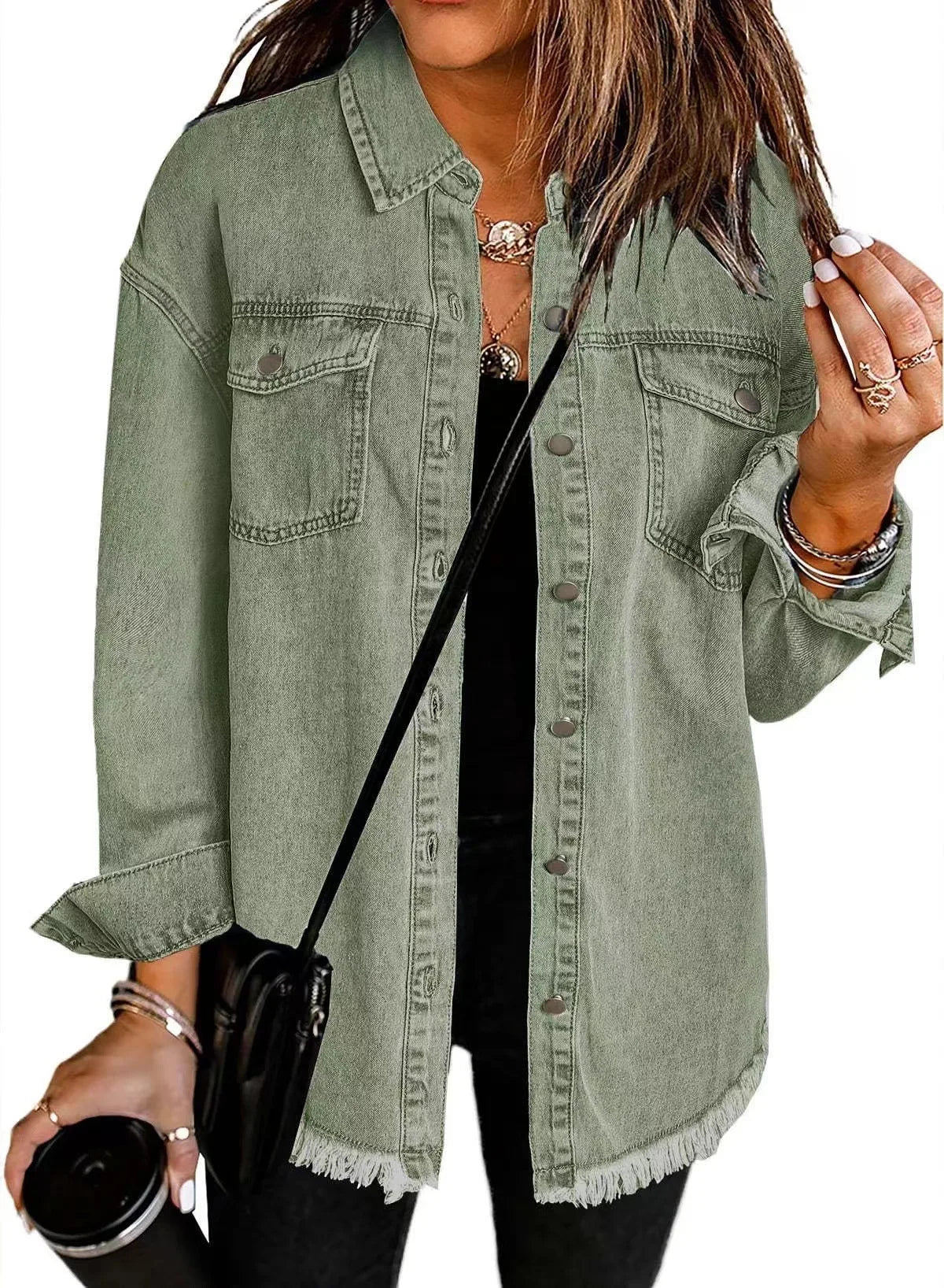 Autumn Winter New Women's Outerwear Denim Shirt Jacket Washed Finish Distressed Hem Single Row Buttons Pockets Street Fashion
