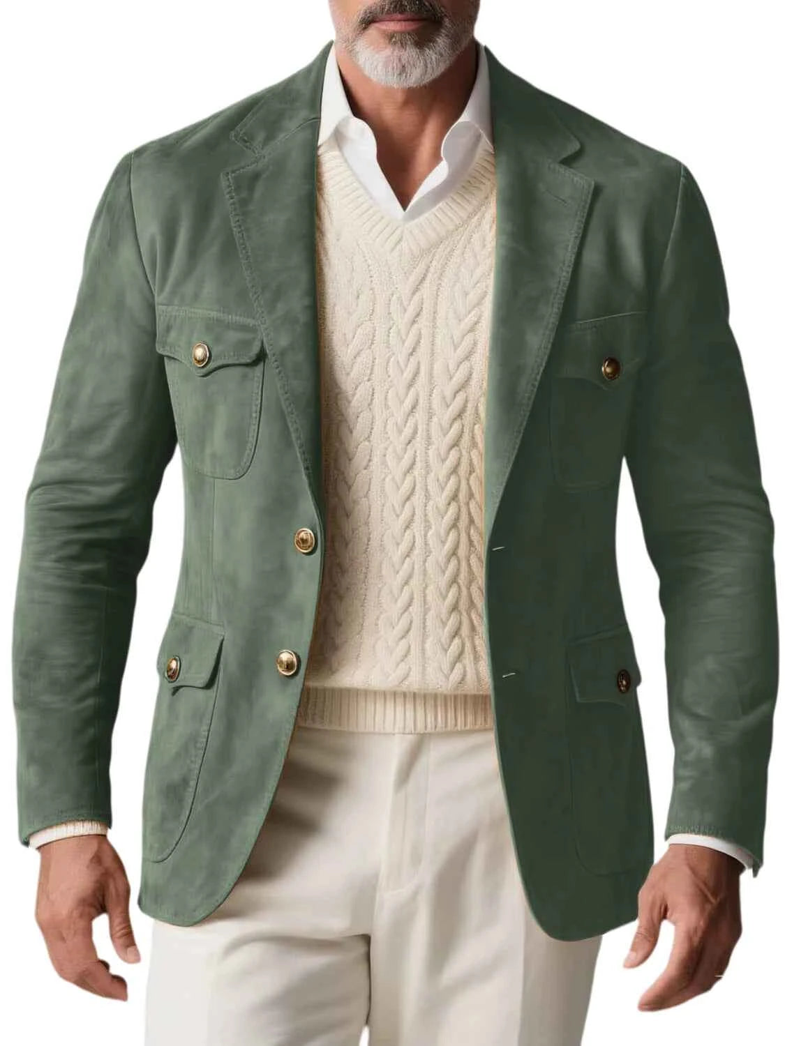 1970s Men's Suede Blazer Retro Slim Fit Two Buttons Multi Pocket High Quality Jacket Fashion Casual Sport Coat For Daily Wear