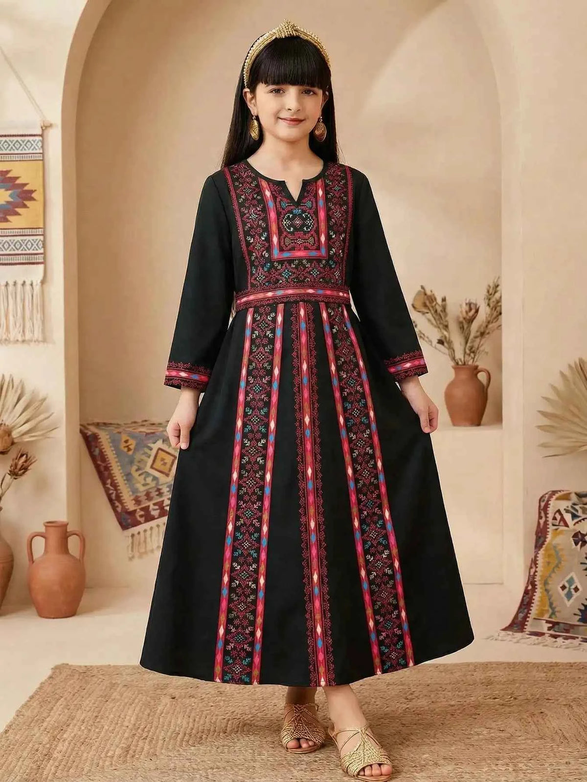 Black Embroidered Maxi Dress With Geometric Pattern, A-Line Long Sleeve, Bohemian Style